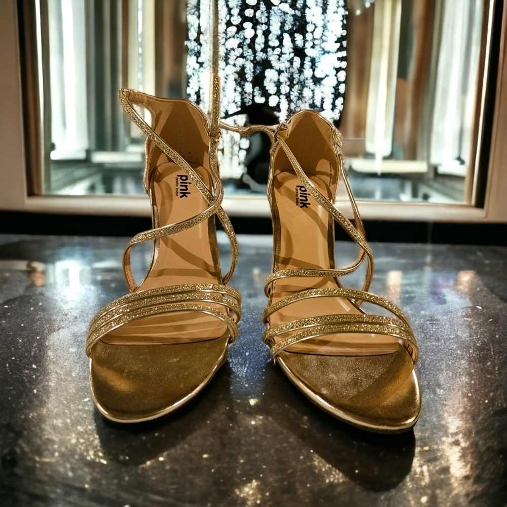 NWOT Pink Paradox London Strappy Gold Glitter Sandal Size 8 - Picture 2 of 6